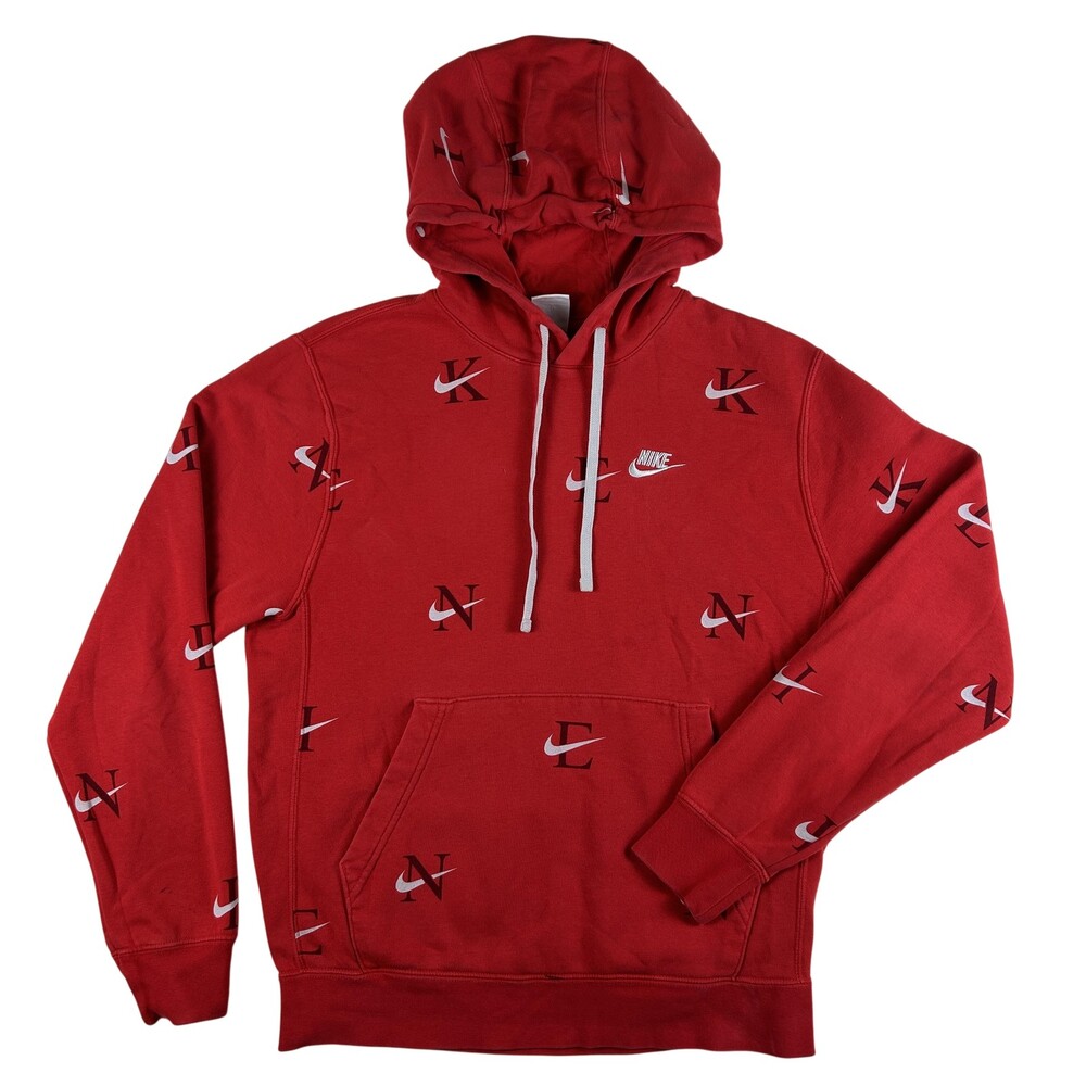 Nike Hoodie Mens Small Red Letter Swoosh Graphic Fleece Sweatshirt AOP
